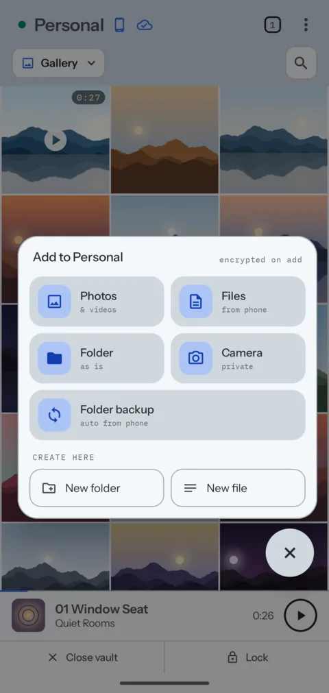 The Add panel of a vault in the Android app, with the Folder backup tile.