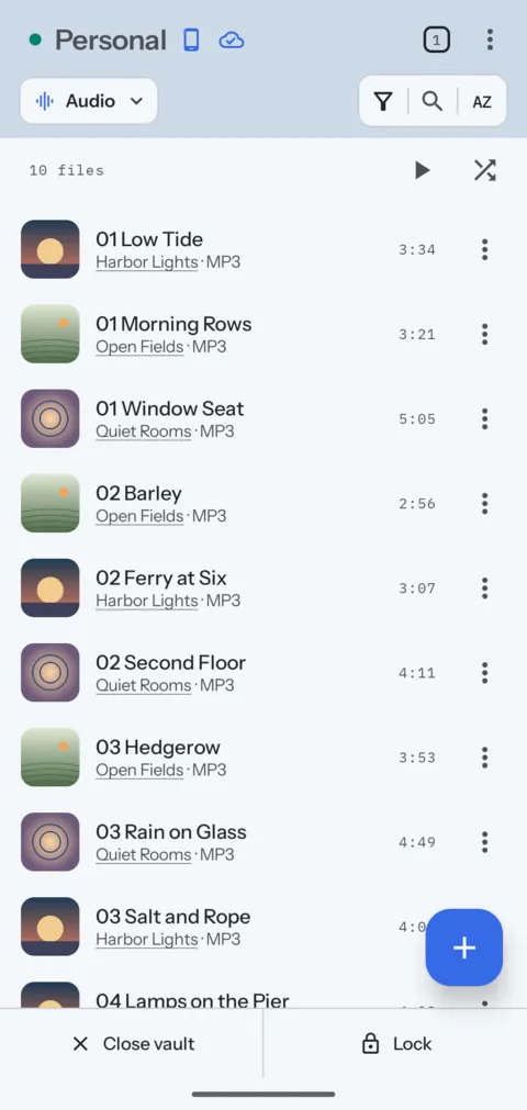 The Audio mode in the Android app: tracks with their covers.