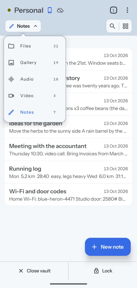 The mode menu in the Android app: Files, Gallery, Audio, Video and Notes, each with its count.