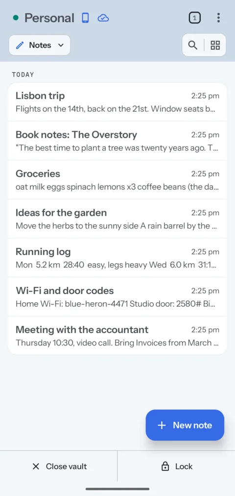 The notes of a vault in the Android app.