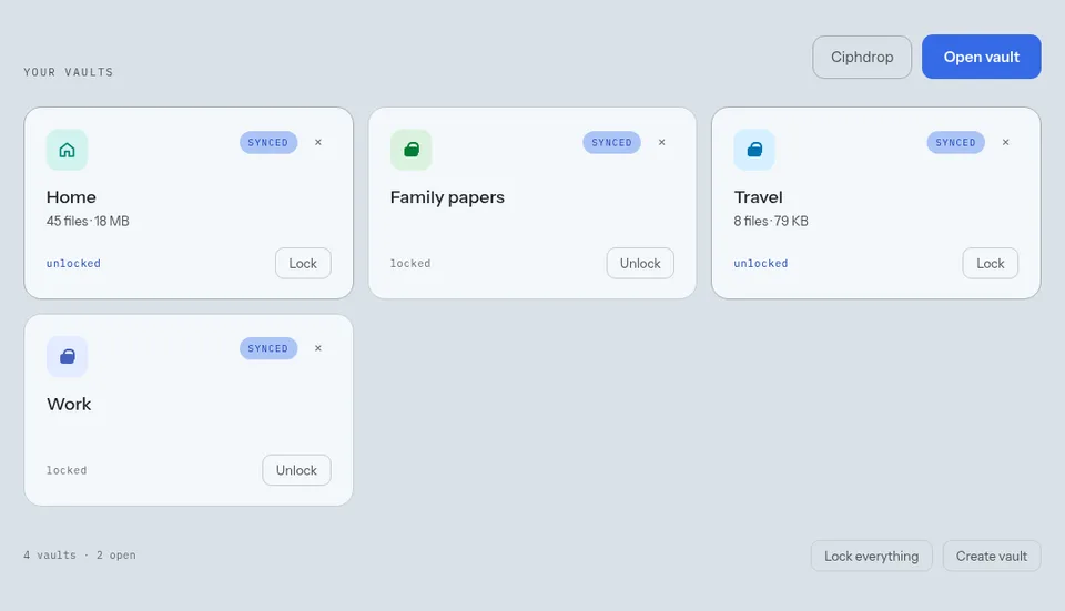 The vault list in the web app: Home, Family papers, Travel and Work, two of them unlocked.