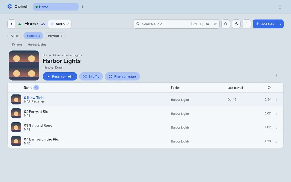 An album folder in the Audio mode, with its tracks.
