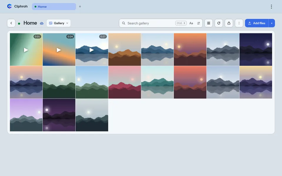 The Gallery mode: a grid of landscape photos and one video.