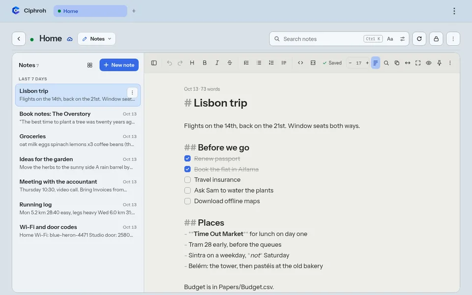 Notes in the web app: a list of notes beside an open Markdown note with a checklist.