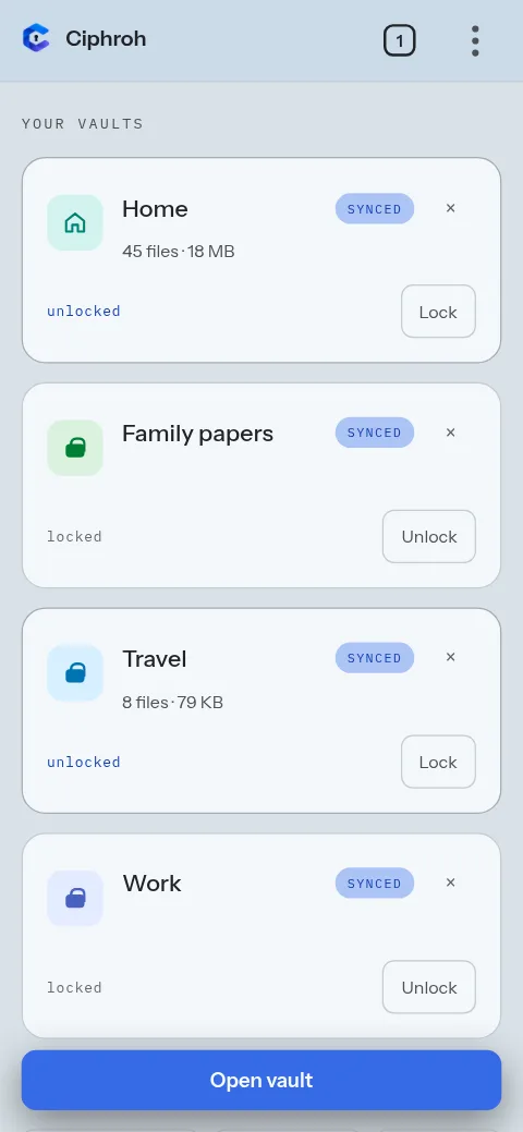 The vault list in the web app on a phone.