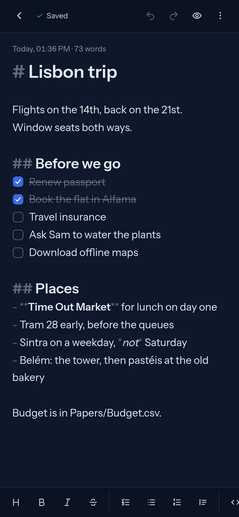 A Markdown note in the web app on a phone.